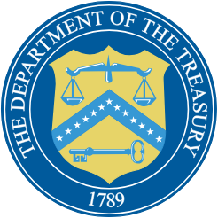 A blue and yellow seal with the words " department of the treasury 1 7 8 9 ".