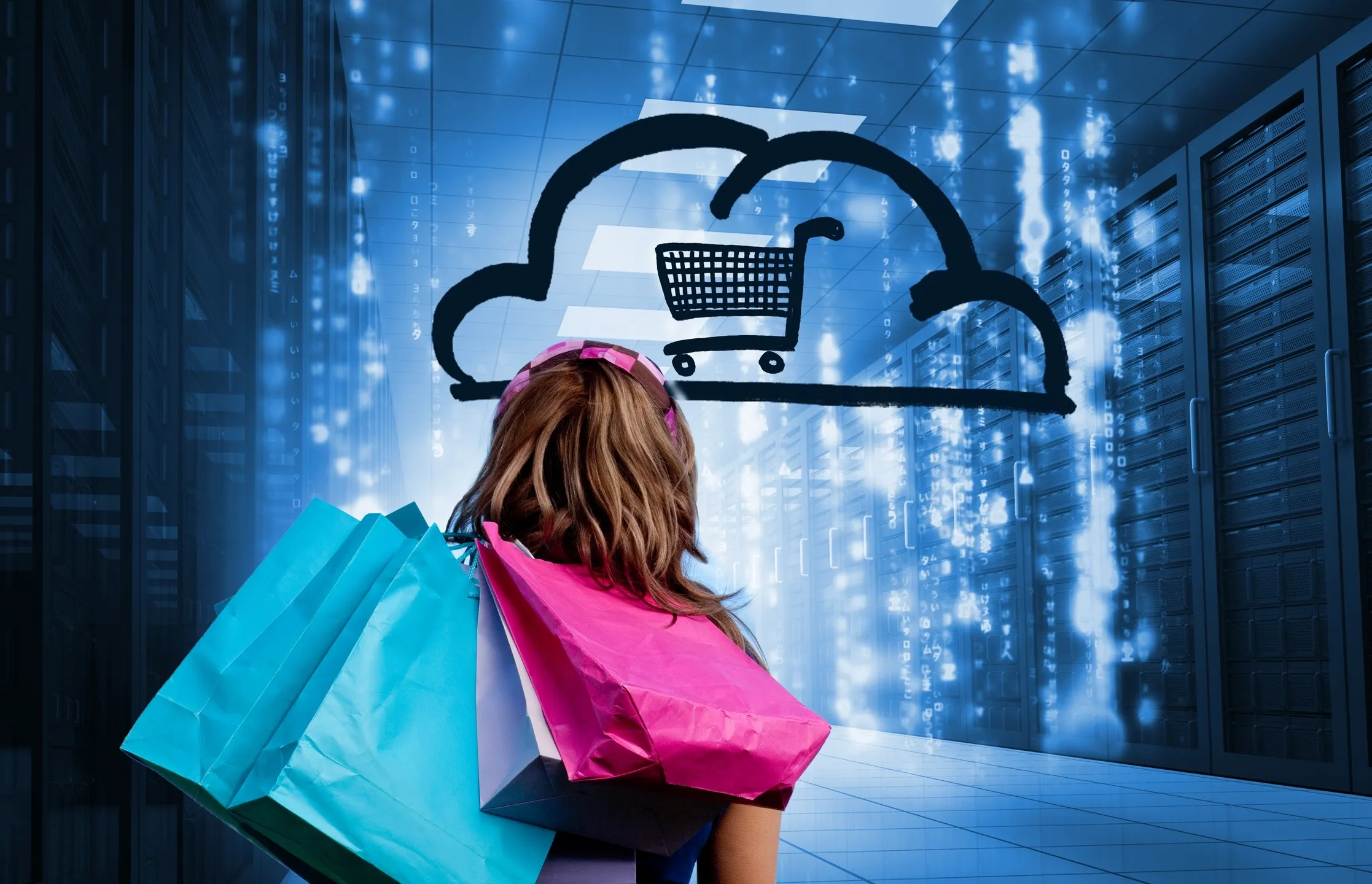 A woman holding shopping bags in front of an image of a cloud.